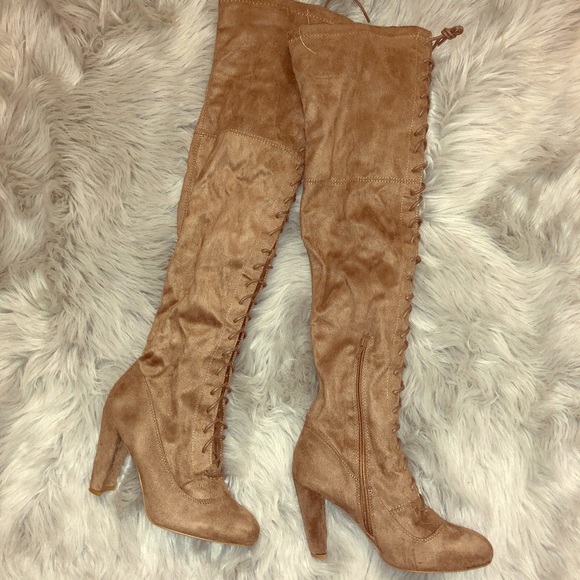 Shoes - Over the knee, tan, high heeled lace up boots